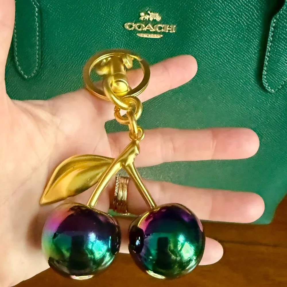 NEW Iridescent Rainbow Cherry Bag Charm & Lobster Clasp Keychain in Gold Tone